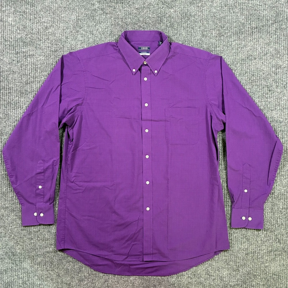 IZOD‎ Mens Purple Check Button Down Dress Shirt L 16-16.5 Regular Fit Stretch